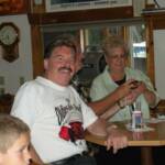 Larry Monneypenny, and Phyllis Bishop. Larry was the drummer with two of the Geezers in the Oldies But Goodies Band. And Phyllis is the wife of Jack Bishop who was the leader. He's not in the pic. He was over at the bar boozing it up. 