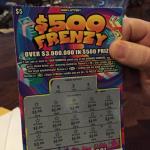 We were unofficially celebrating Spike's (Swish) 
B-Day. I bought him a card 
with two $5 Ohio Instant 
Lottery tickets in it. On one 
ticket called $500 Frenzy he
won on every thing he scraped off of the ticket for 
a total of $20. It was on a $5 ticket. Here it is! 