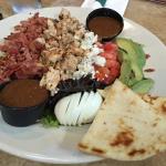 The last time we were at Hooley's S. B. ordered 
a Chipotle Chicken Wrap with
Tater Tots. This time he was eating healthier eating a 
Cobb Salad.