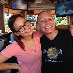 These lovely young ladies were our bartenders out on
the Patio. 
From L-R are JESS, and AMY.
I know Amy from the Tap House. 
She was upset with me because her eyes were closed. However, I was not
the one who closed them.