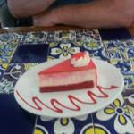 Not far down the road from
Clearwater lies Tarpon Springs
known for their sponge docks, and Greek population.
There is one restaurant in 
particular that we go to called
Hellas that includes a bakery.
Here is the Red Velvet Cheescake that Drumstir chose for dessert. Dainty!  