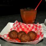 Speaking of the southwest
here are my Buffalo Balls.
They are meatballs soaked
in wing sauce. 
Russ, former owner here, 
introduced these when he opened a Scorchers many years ago. Then they disappeared. They are back....
for now!