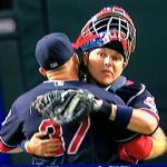 Here is catcher Roberto Perez giving Allen a congratulatory
bear hug for his 23rd save.