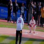 Gaylord Perry was perparing
to throw out the First Pitch.
Gaylord was a spit-ball pitcher
(Which is illegal) back in the 70's when he pitched for Cleveland. (1972-1975)