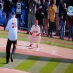 Here is Perry throwing the pitch. He pitched for 8 different teams in 22 years in in the MLB. 
He was voted in the Baseball Hall of Fame in 1991.
He was a 5-time Allstar, won the Cy Young award for Cleveland, and the SF Giants, and pitched a No-Hitter September 17, 1968. 