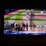 This picture on TV was
at Home Plate at Progressive Field where the introductions of players from both teams were made, and where Gaylord Perry made the First Pitch to start off the Home season.  