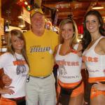 Yes, JERRY is back in Florida, and back at the SARASOTA HOOTERS. He's in one of his signature poses with three of the lovely waitresses there. The one to his right in the pic has a name tag with LAUREN on it.  Hello Lauren!