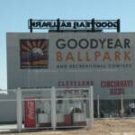 SIGN AT THE BACK ENTRANCE TO GOODYEAR BALLPARK. THE CINCINNATI REDS WILL BE JOINING THE TRIBE IN GOODYEAR NEXT YEAR, AND THEY WILL BE SHARING THE STADIUM. THEY WILL EACH HAVE THEIR OWN SEPARATE TRAINING FACILITIES HOWEVER. 