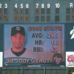 A PICTURE OF JODY GERUT ON THE SCOREBOARD WHEN HE WAS UP TO BAT. NOW WITH THE SAND DIEGO PADRES JODY IS AN EX-INDNAN WHO BELONGS TO THE JOE CHARBONEAU CLUB!  